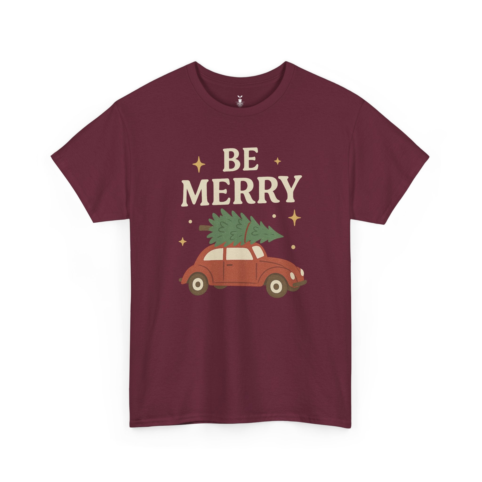 Retro Red Car Carrying Tree and Stars Be Merry Christmas T-Shirt
