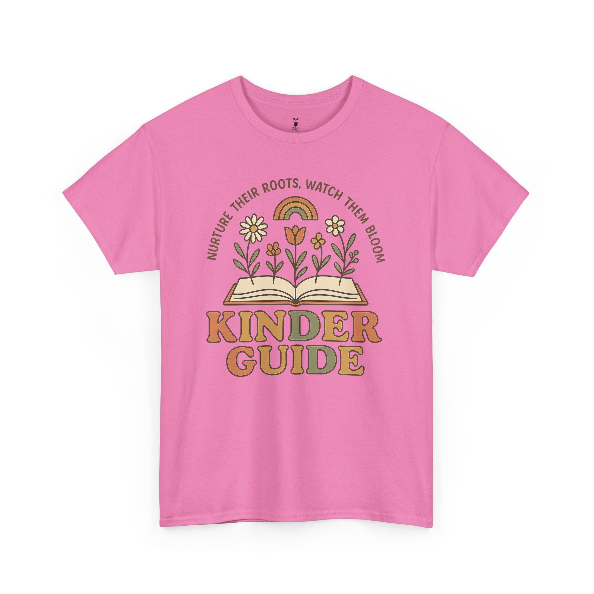 Retro Kinder Guide with Open Book, Blooming Flowers, and Rainbow Inspiration T-Shirt