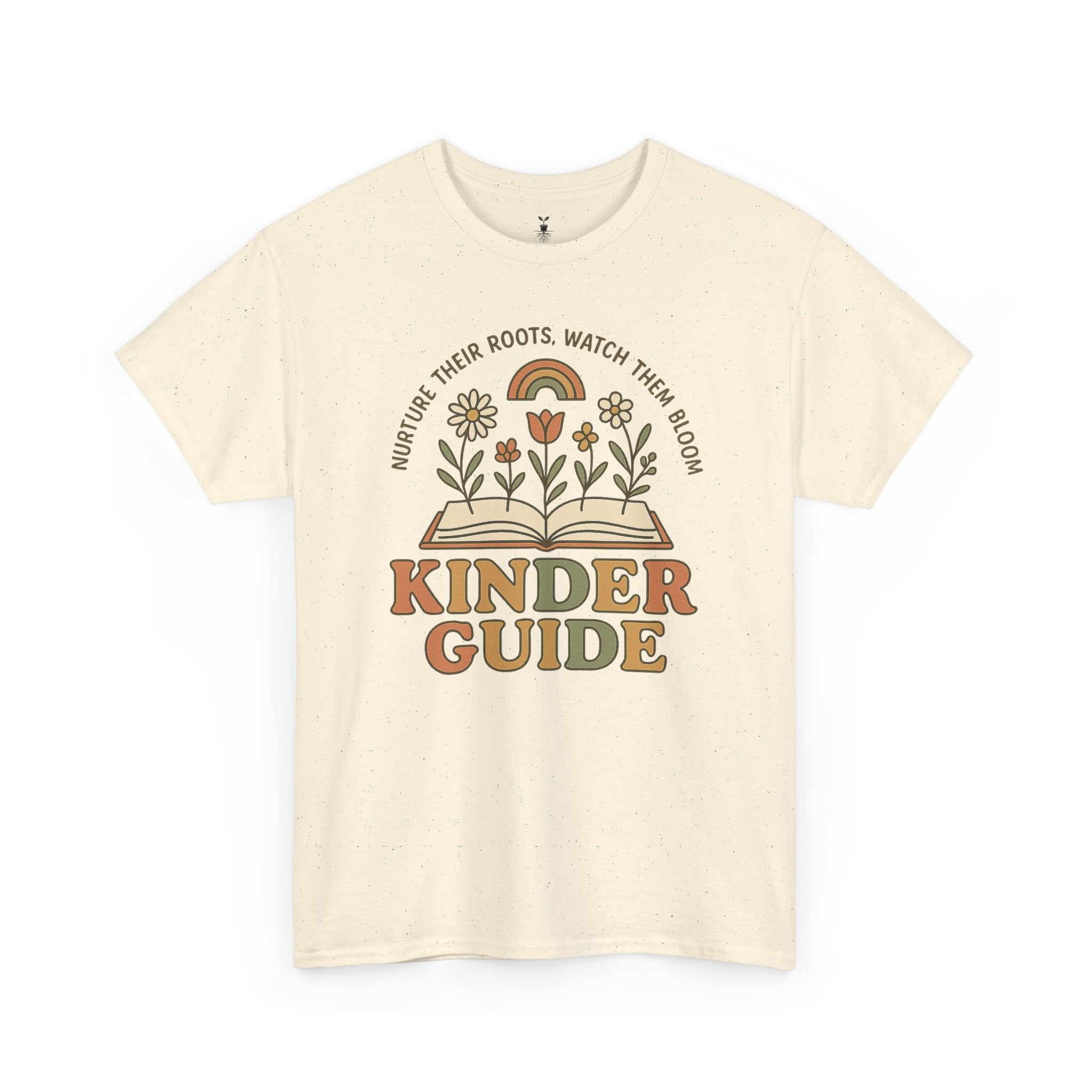 Retro Kinder Guide with Open Book, Blooming Flowers, and Rainbow Inspiration T-Shirt
