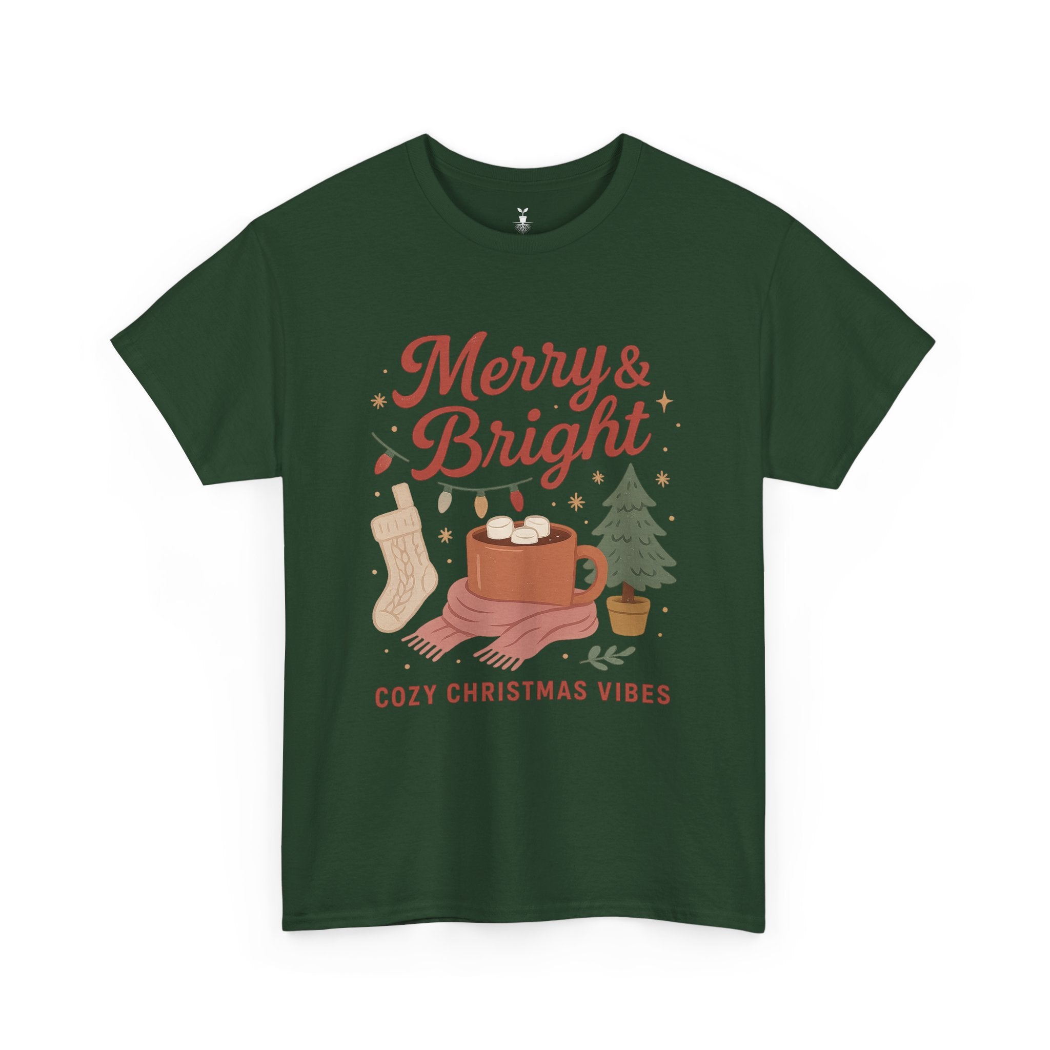 Merry & Bright  Featuring Cocoa Mug, Festive Tree, Autumn Leaves, and Cozy Holiday Vibes T-Shirt