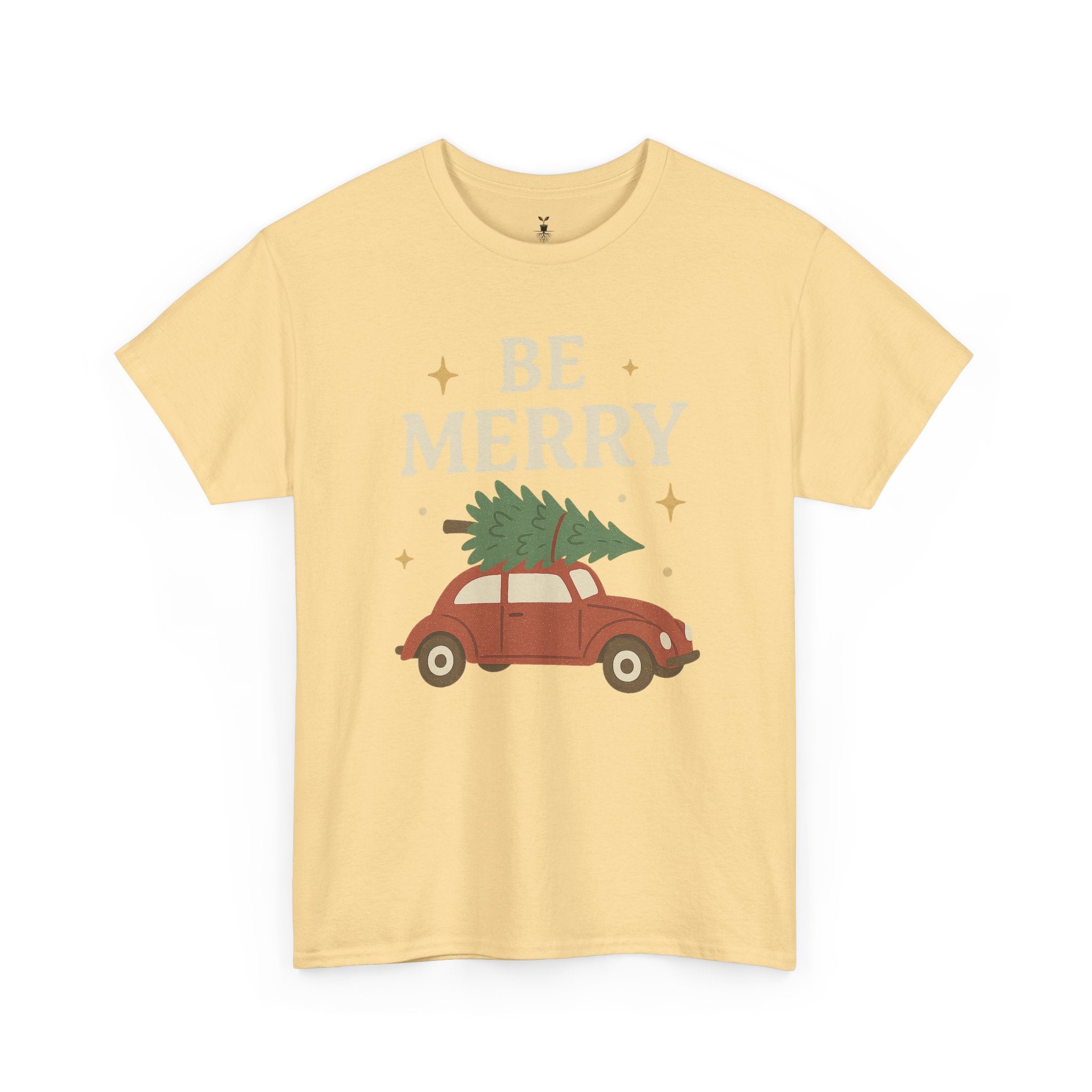 Retro Red Car Carrying Tree and Stars Be Merry Christmas T-Shirt