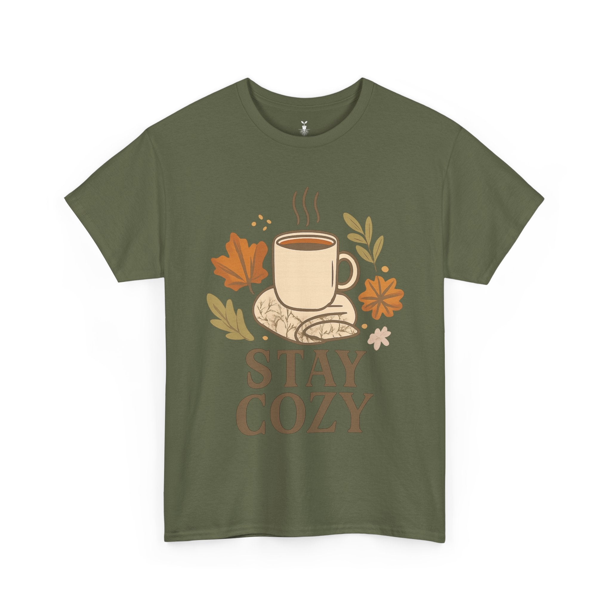 Stay Cozy with Coffee Mug, Blanket, and Falling Leaves T-Shirt