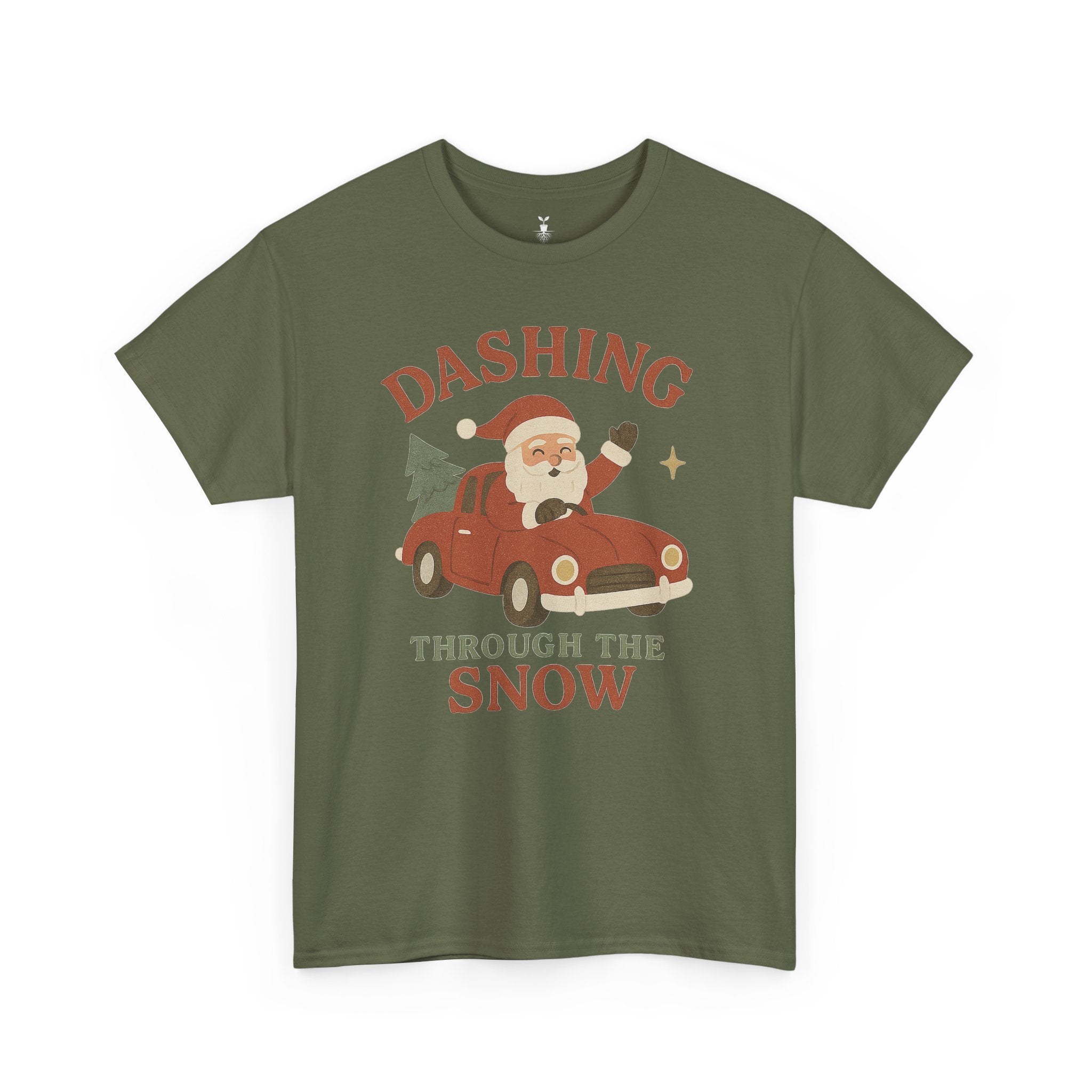 Retro Santa Dashing Through Snow Heavy Cotton T-Shirt – Fun Christmas Graphic with Santa, Car, and Christmas Tree Design
