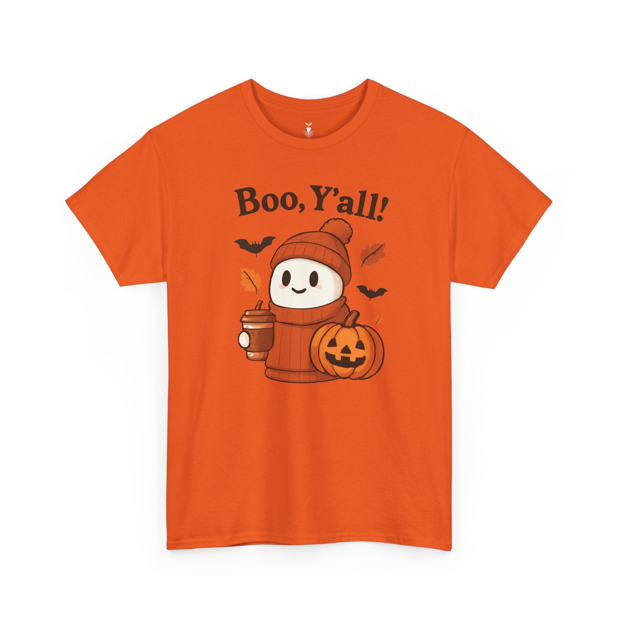 Cute Ghost with Pumpkin and Coffee Cup Boo Y’all Halloween T-Shirt