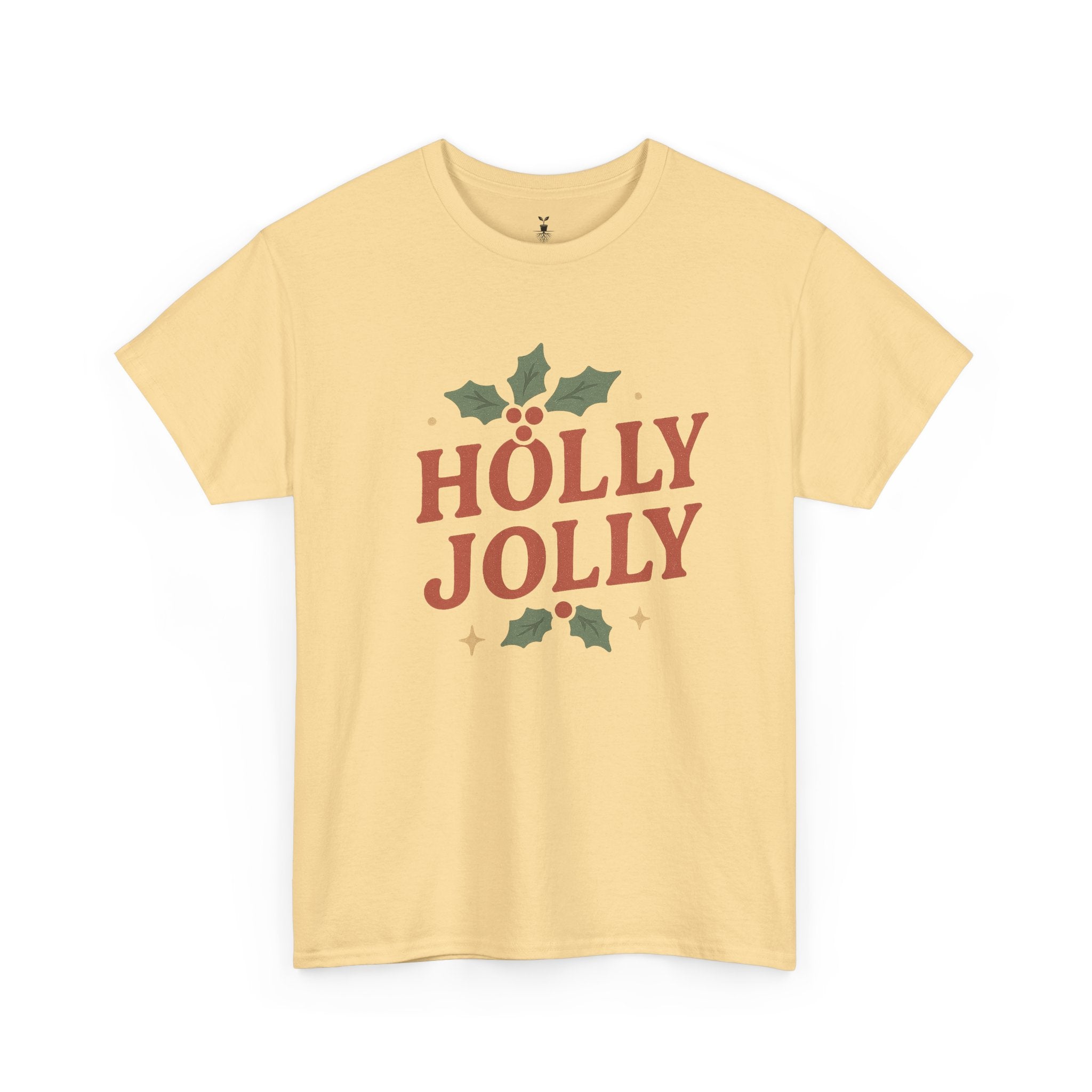 Holly Jolly Christmas with Festive Holly Leaves, Red Berries, and Golden Stars T-shirt