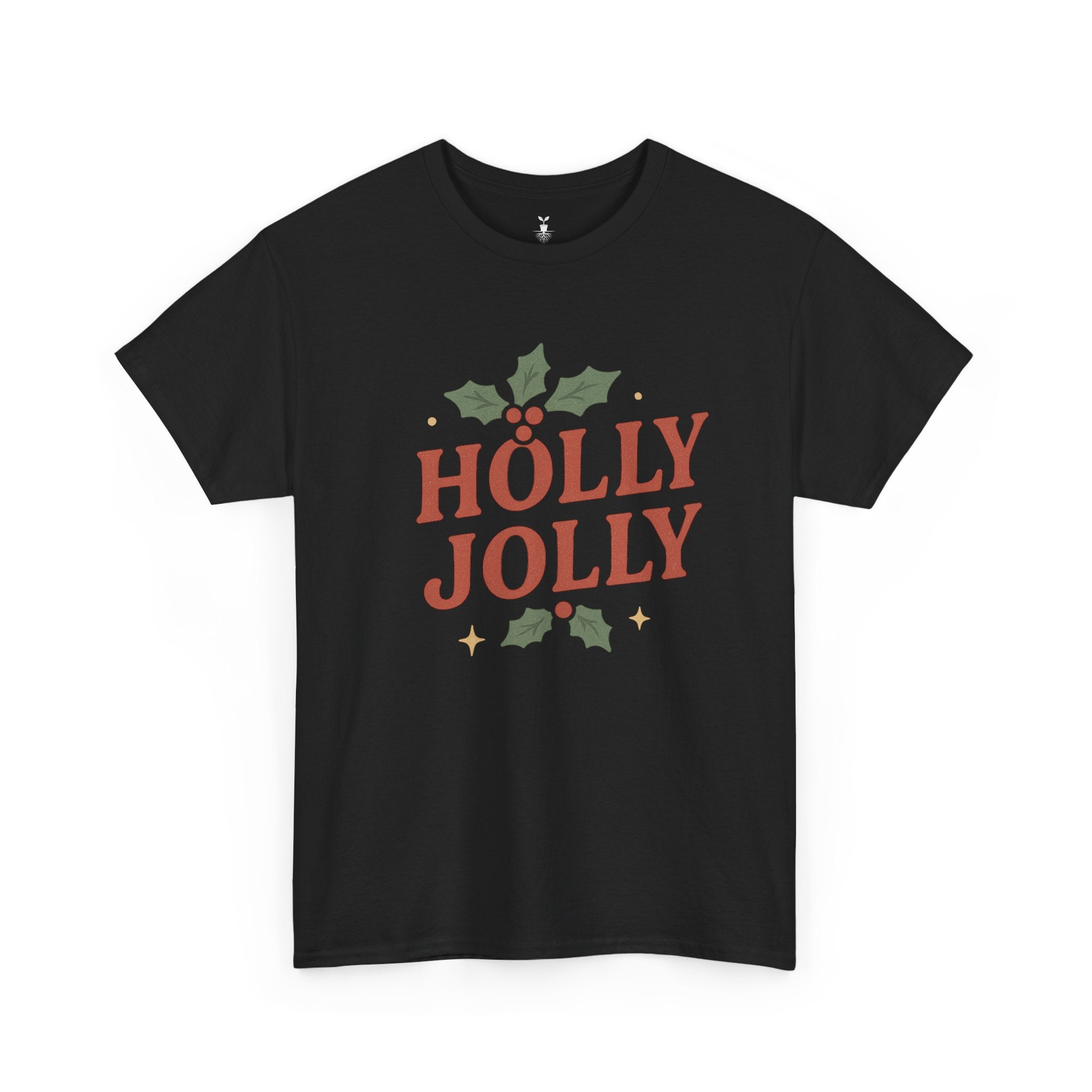 Holly Jolly Christmas with Festive Holly Leaves, Red Berries, and Golden Stars T-shirt