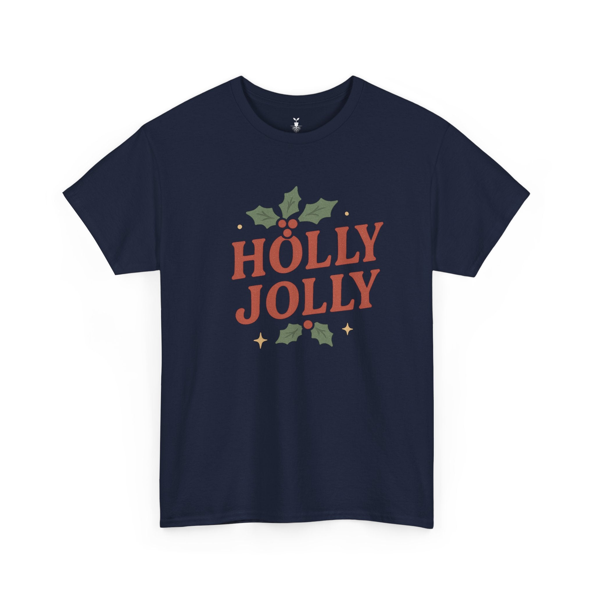 Holly Jolly Christmas with Festive Holly Leaves, Red Berries, and Golden Stars T-shirt