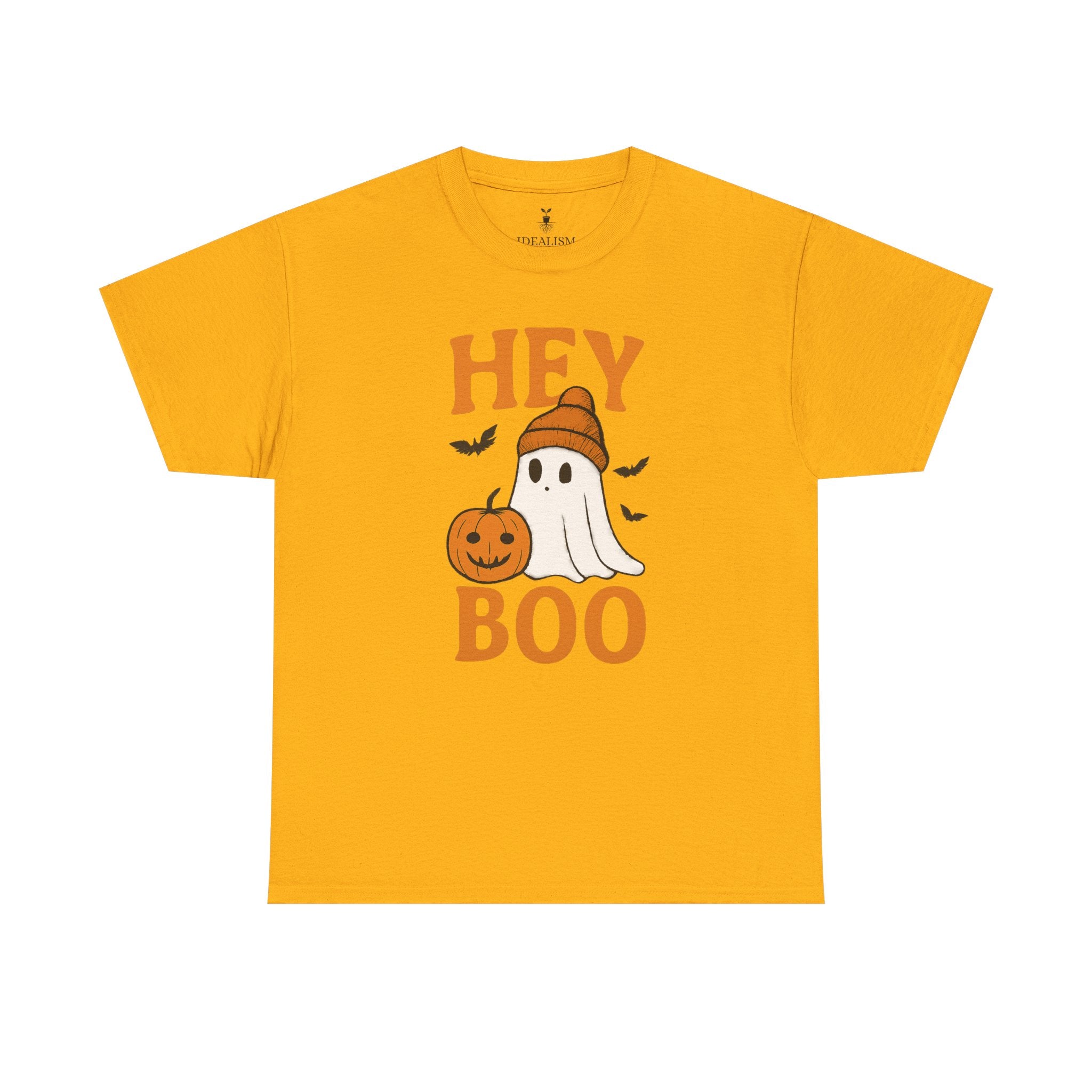 Cute Hey Boo Ghost T-Shirt – Funny Halloween Graphic Tee with Pumpkin Artwork and Spooky Season Aesthetic Design
