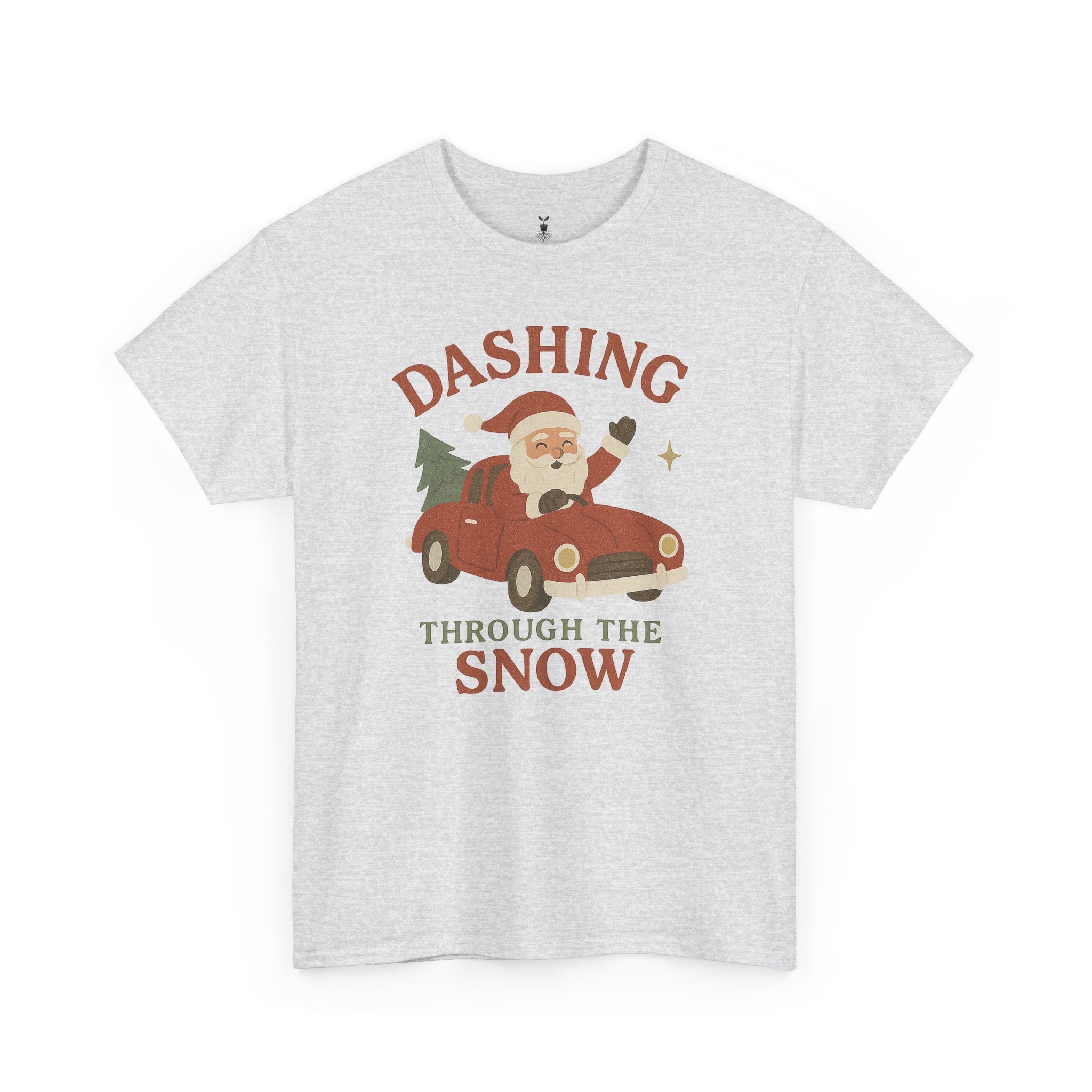 Santa Dashing Through Snow Heavy with Santa, Car, and Christmas Tree Design T-Shirt