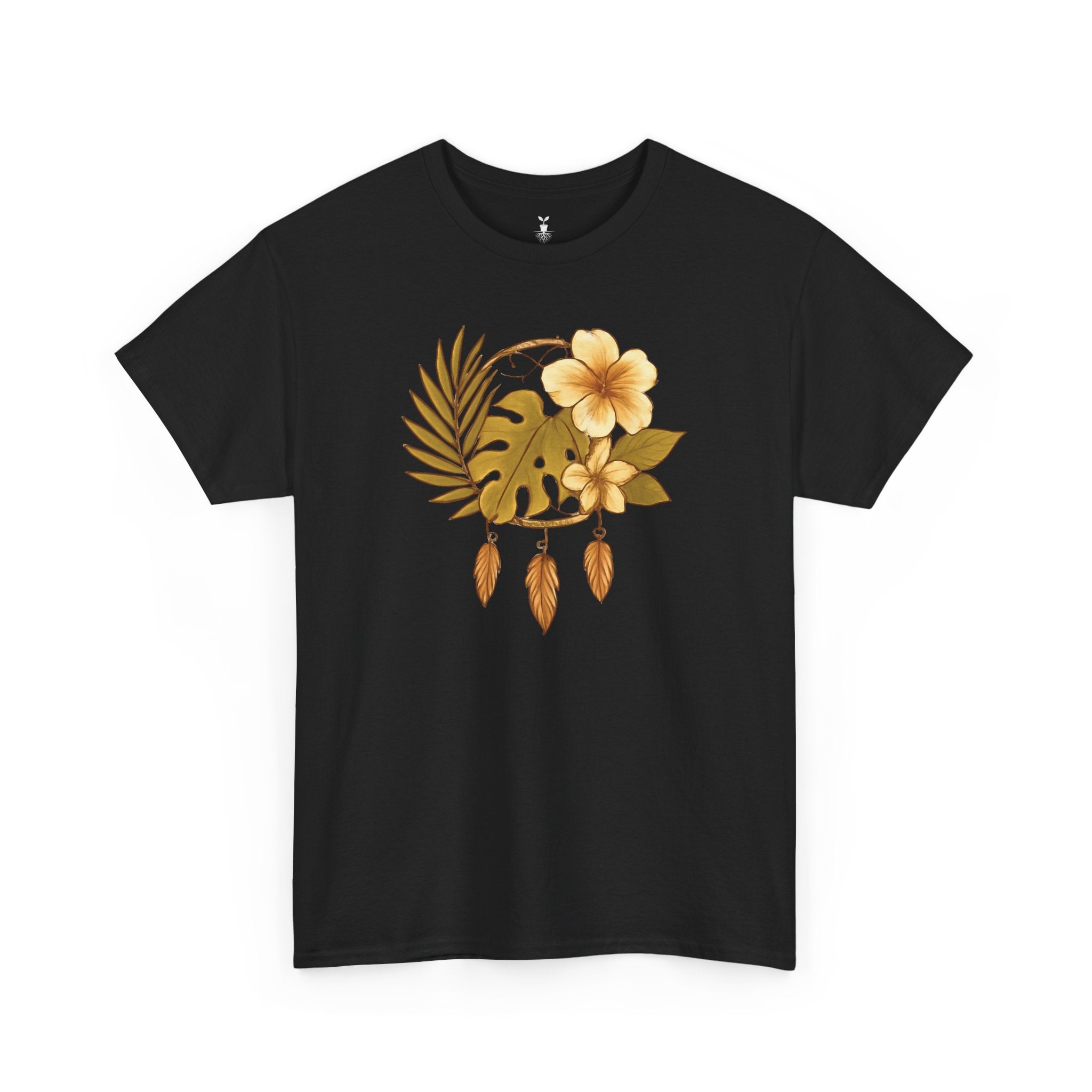 Bohemian Floral Graphic Tee – Tropical Hibiscus with Monstera Leaves and Feathers Design, Aesthetic Nature Shirt
