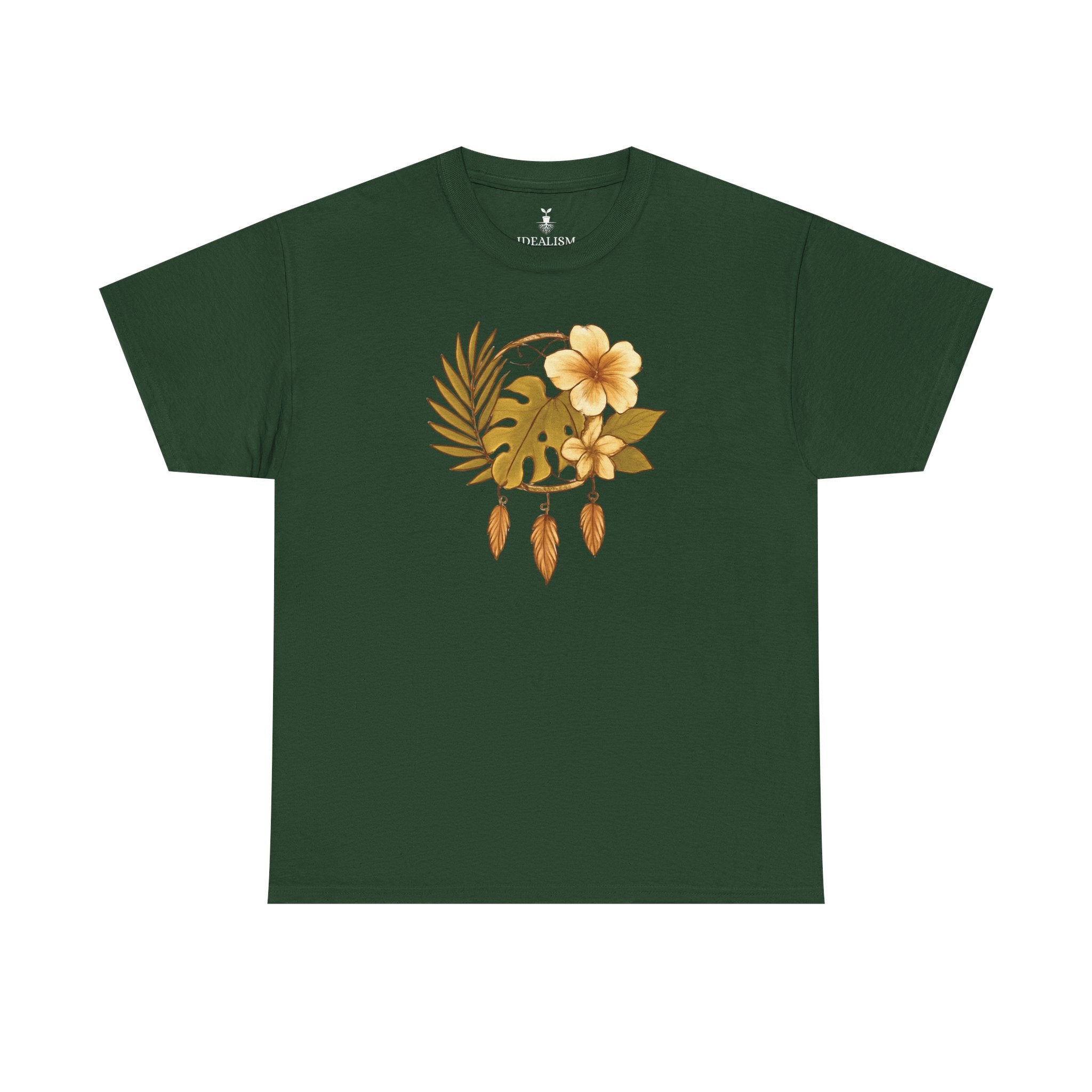 Bohemian Floral Graphic Tee – Tropical Hibiscus with Monstera Leaves and Feathers Design, Aesthetic Nature Shirt