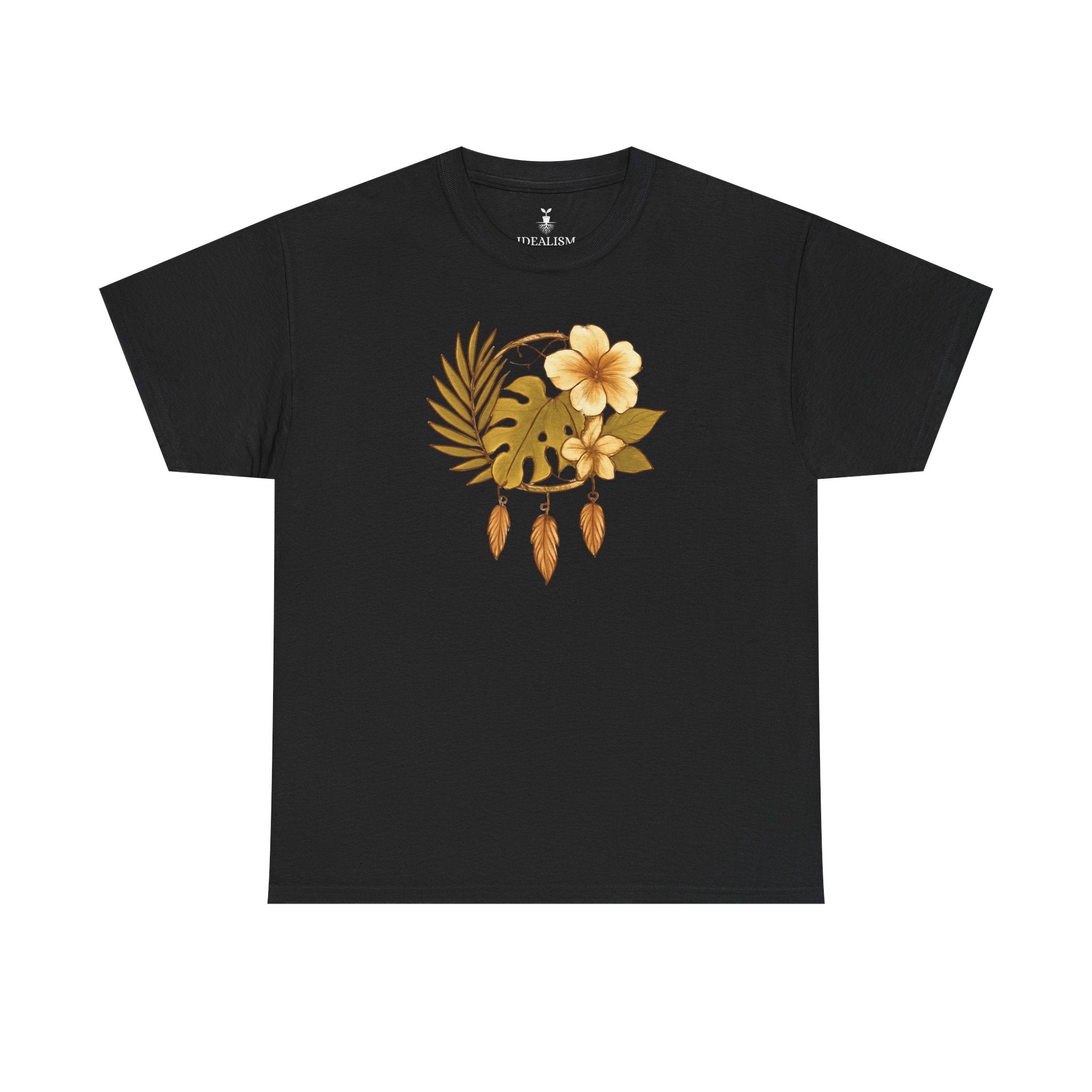 Bohemian Floral Graphic Tee – Tropical Hibiscus with Monstera Leaves and Feathers Design, Aesthetic Nature Shirt