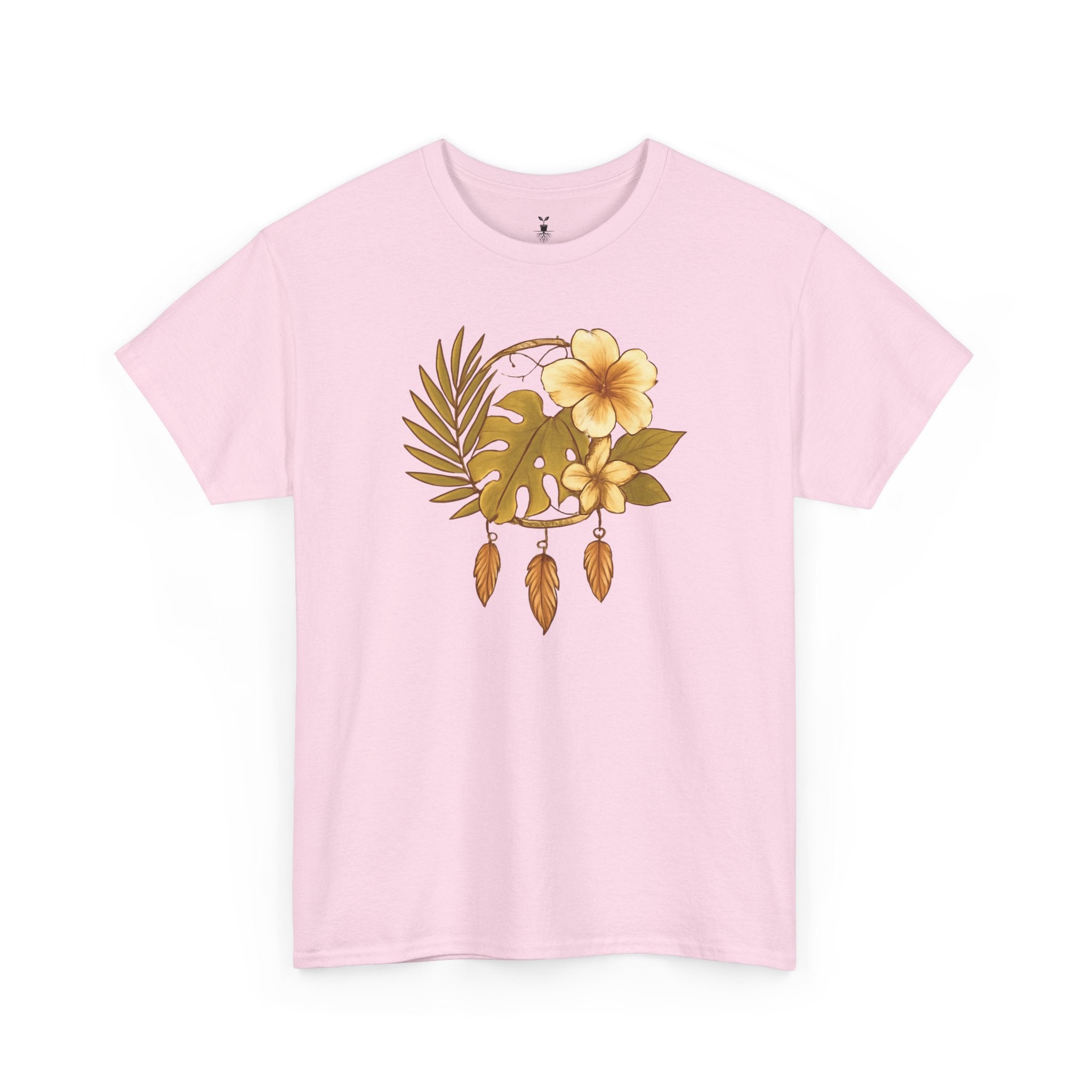 Bohemian Floral Graphic Tee – Tropical Hibiscus with Monstera Leaves and Feathers Design, Aesthetic Nature Shirt