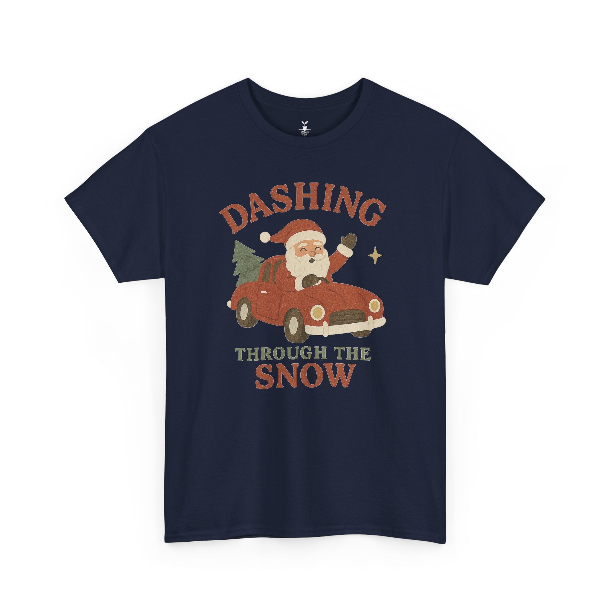 Santa Dashing Through Snow Heavy with Santa, Car, and Christmas Tree Design T-Shirt