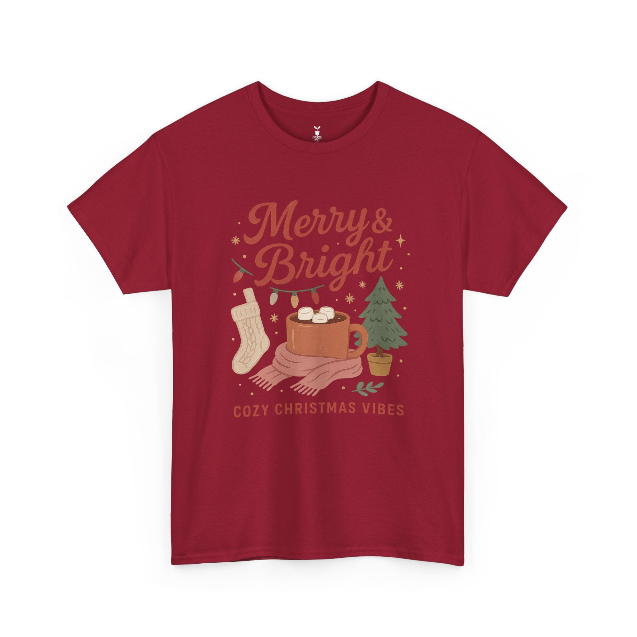 Merry & Bright  Featuring Cocoa Mug, Festive Tree, Autumn Leaves, and Cozy Holiday Vibes T-Shirt
