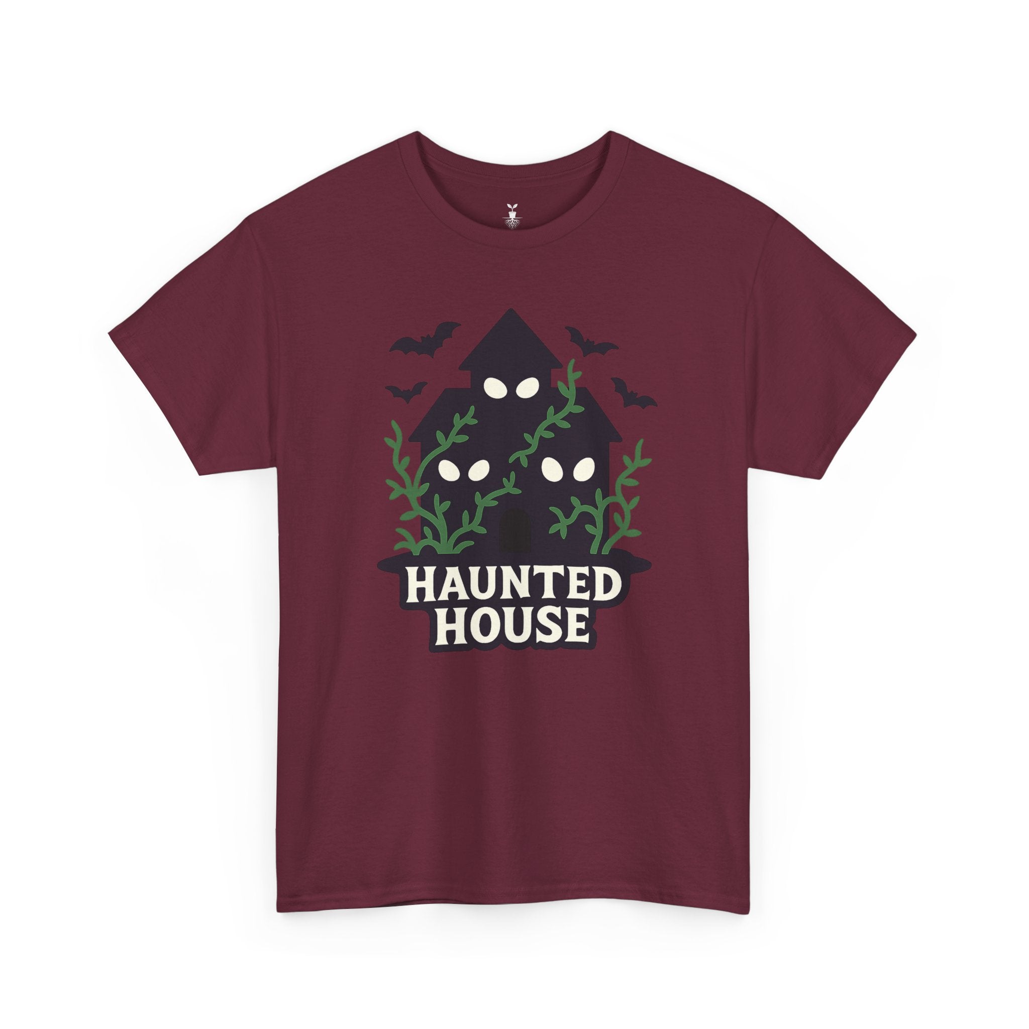 Haunted House with Creepy Eyes, Bats, and Vines Halloween T-Shirt