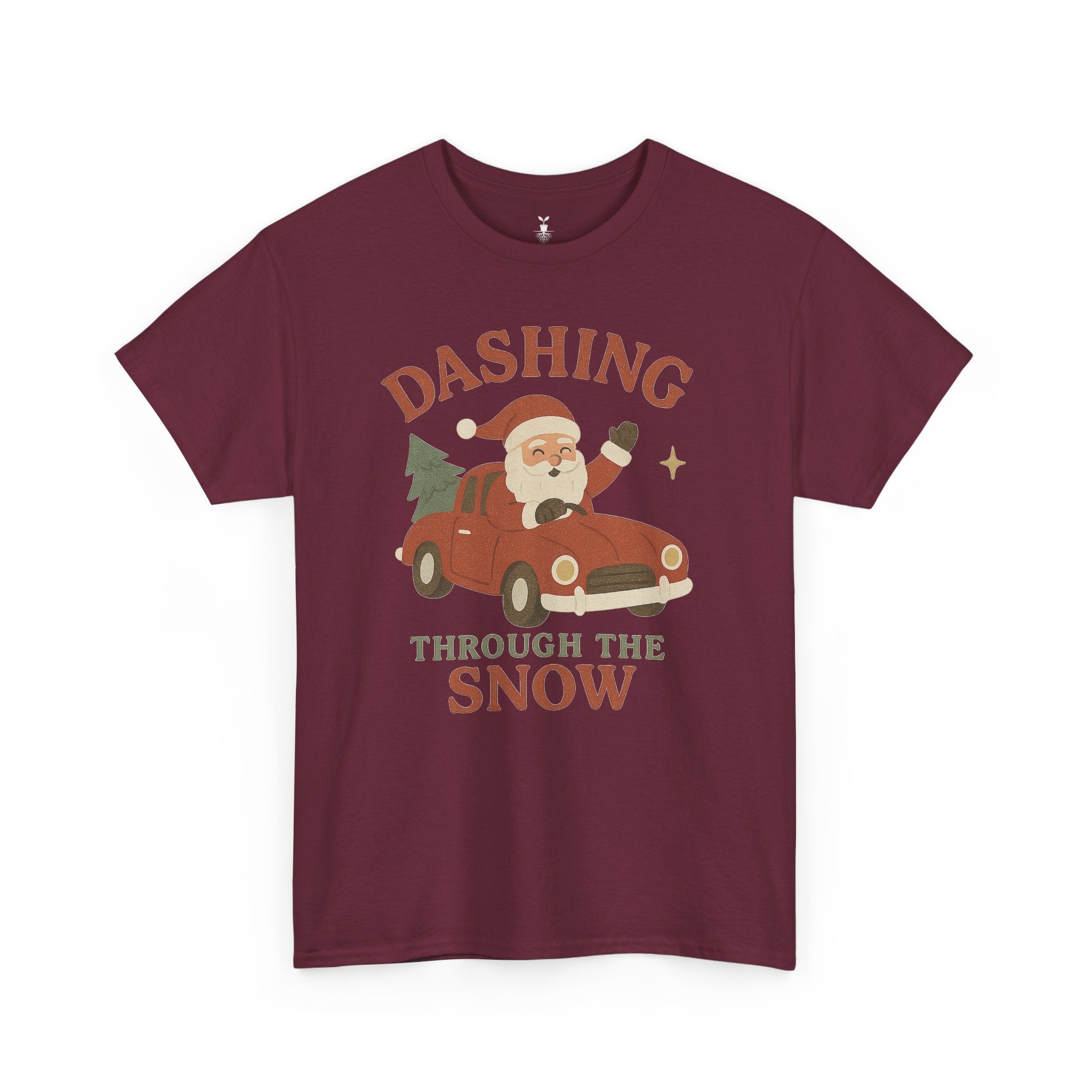 Retro Santa Dashing Through Snow Heavy Cotton T-Shirt – Fun Christmas Graphic with Santa, Car, and Christmas Tree Design
