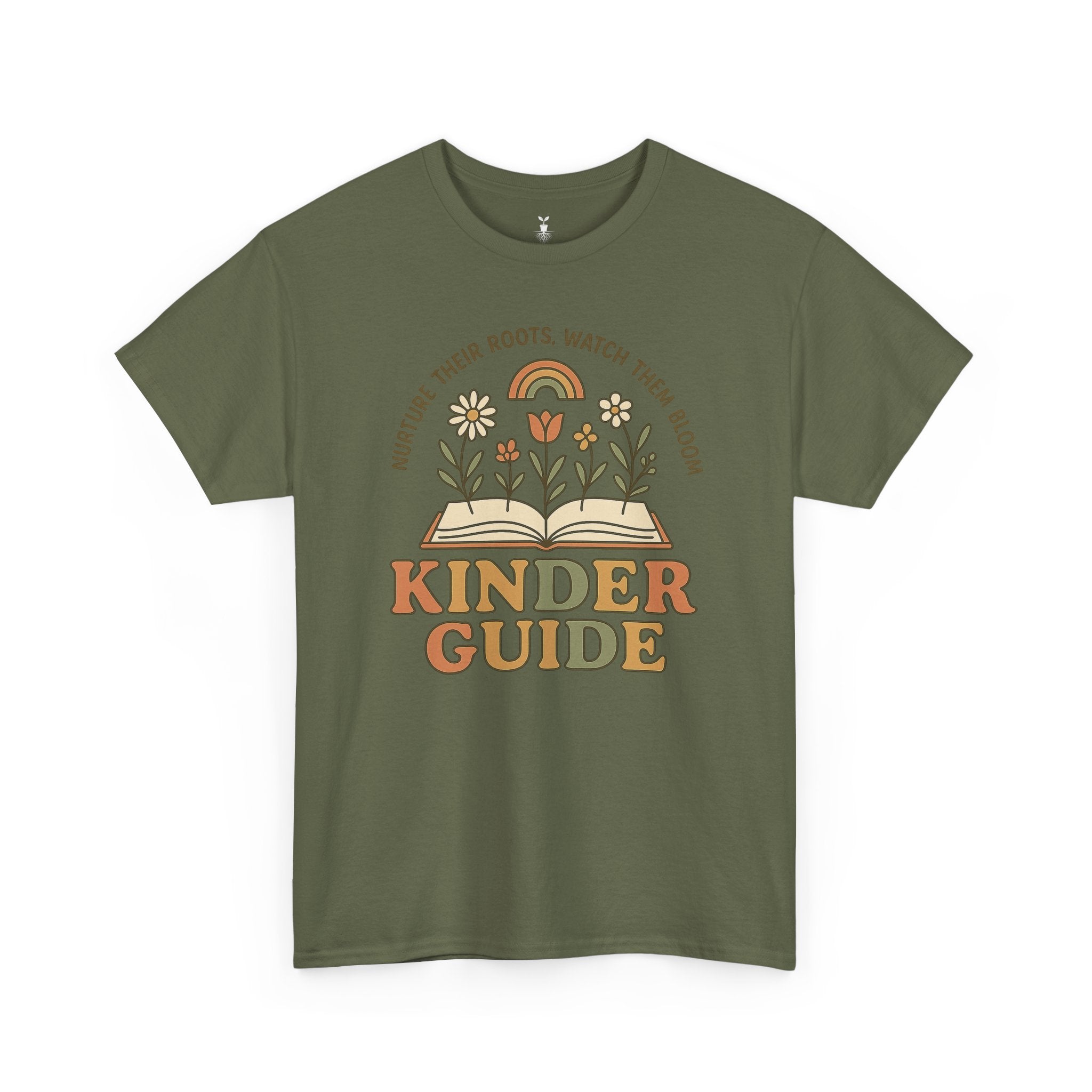 Retro Kinder Guide with Open Book, Blooming Flowers, and Rainbow Inspiration T-Shirt