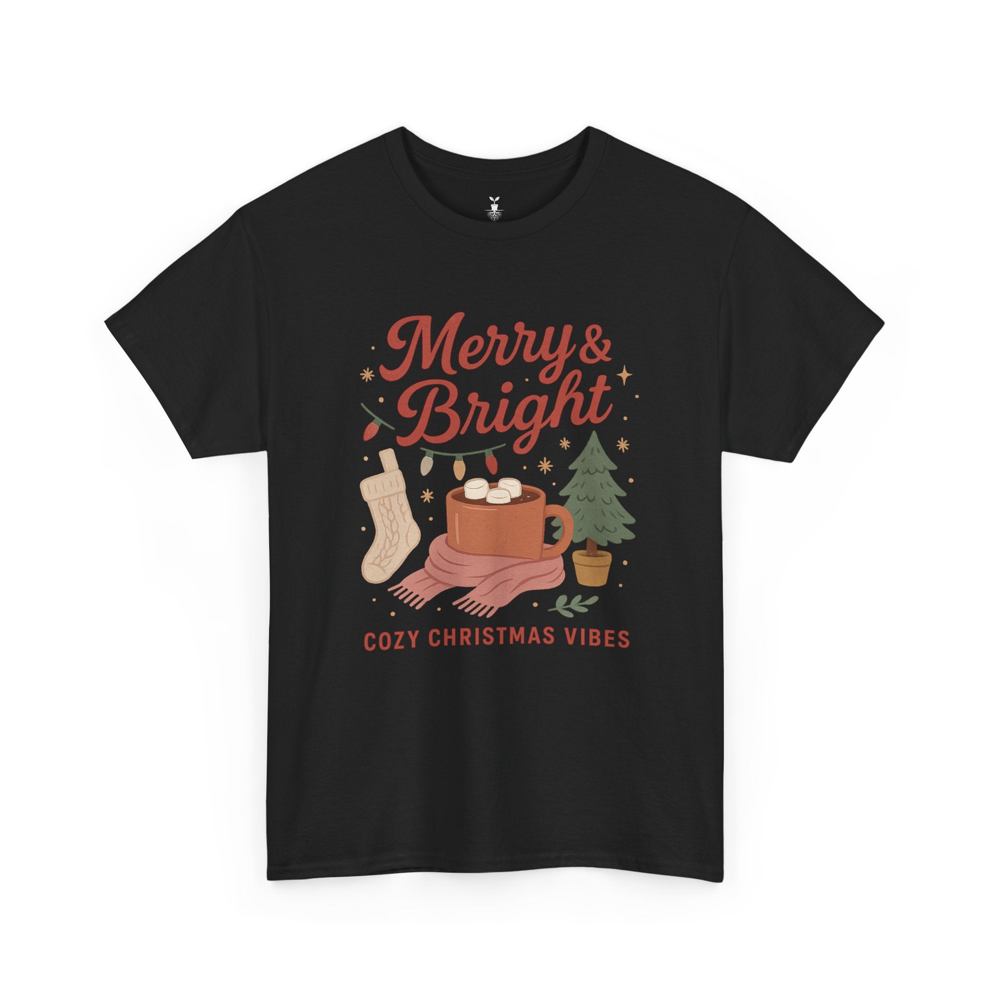 Merry & Bright  Featuring Cocoa Mug, Festive Tree, Autumn Leaves, and Cozy Holiday Vibes T-Shirt