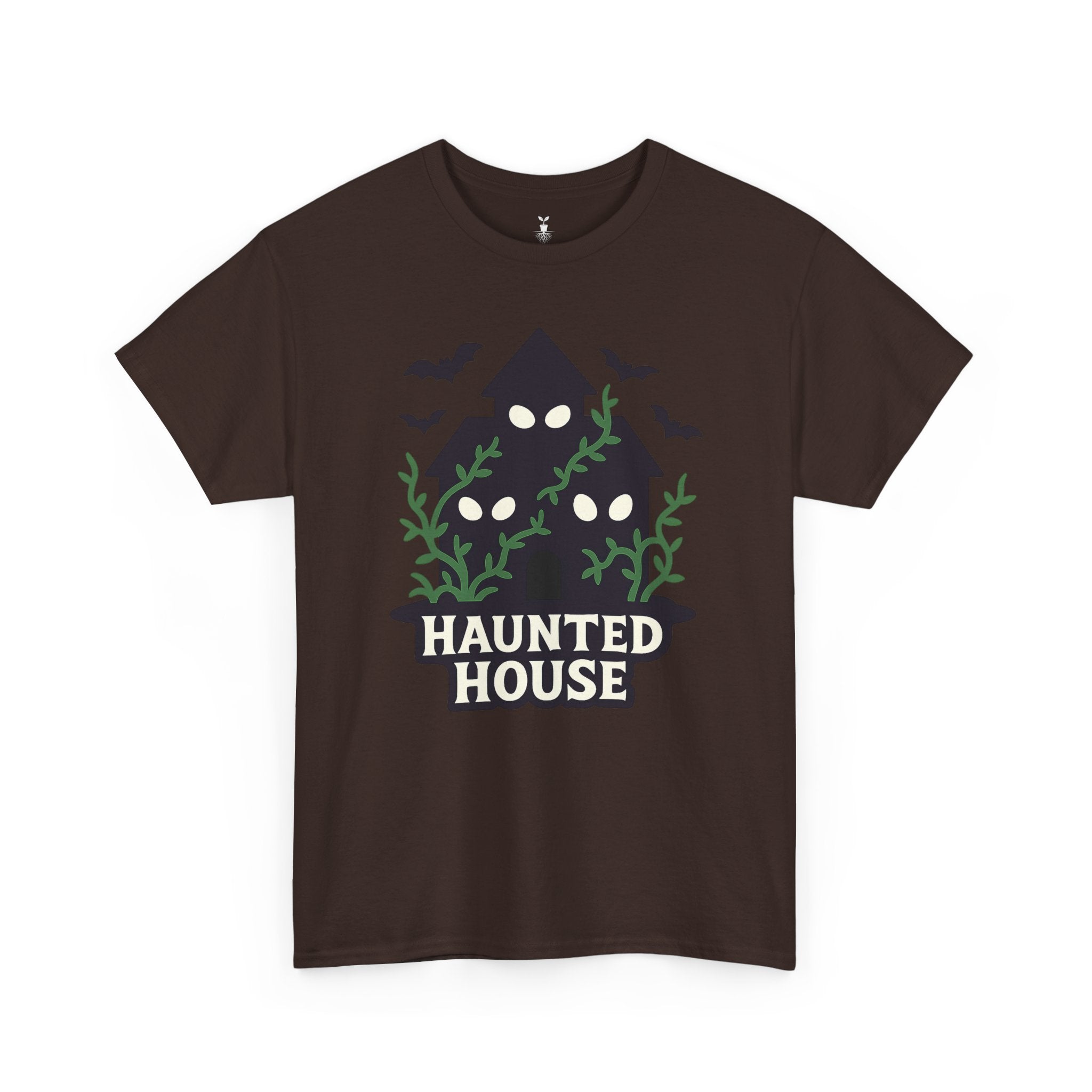 Haunted House with Creepy Eyes, Bats, and Vines Halloween T-Shirt