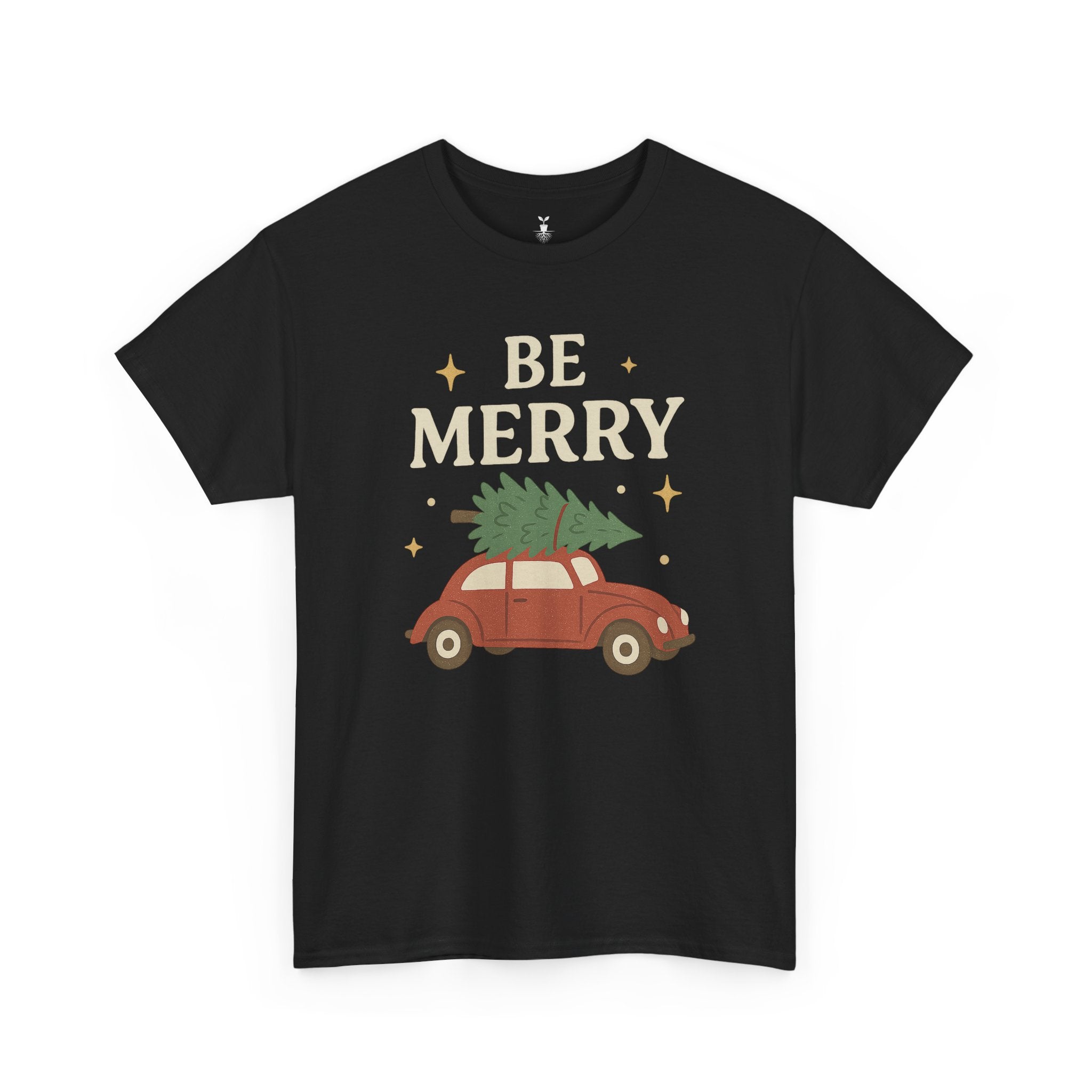 Retro Red Car Carrying Tree and Stars Be Merry Christmas T-Shirt
