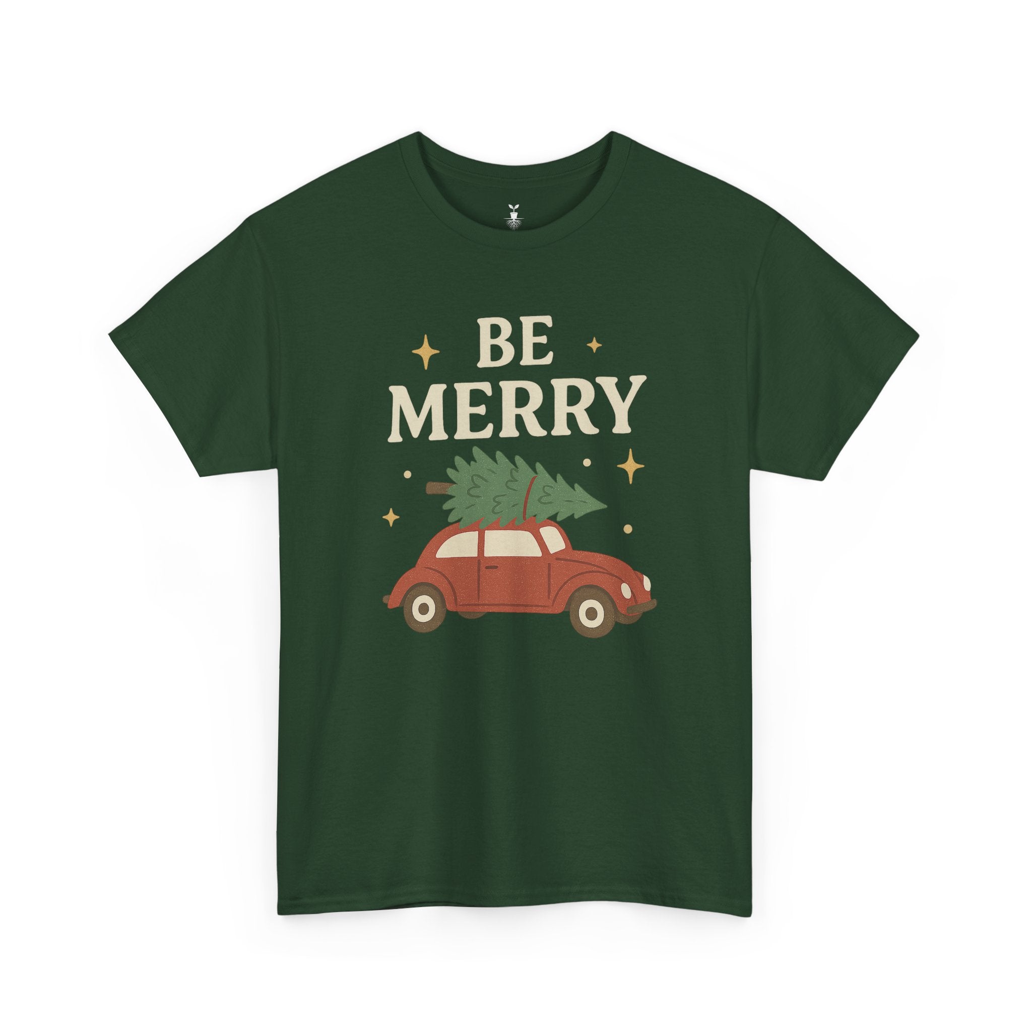 Retro Red Car Carrying Tree and Stars Be Merry Christmas T-Shirt