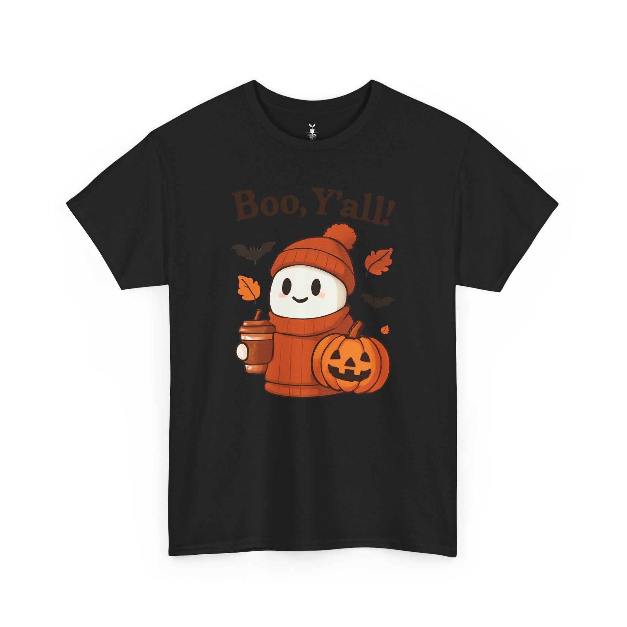 Cute Ghost with Pumpkin and Coffee Cup Boo Y’all Halloween T-Shirt