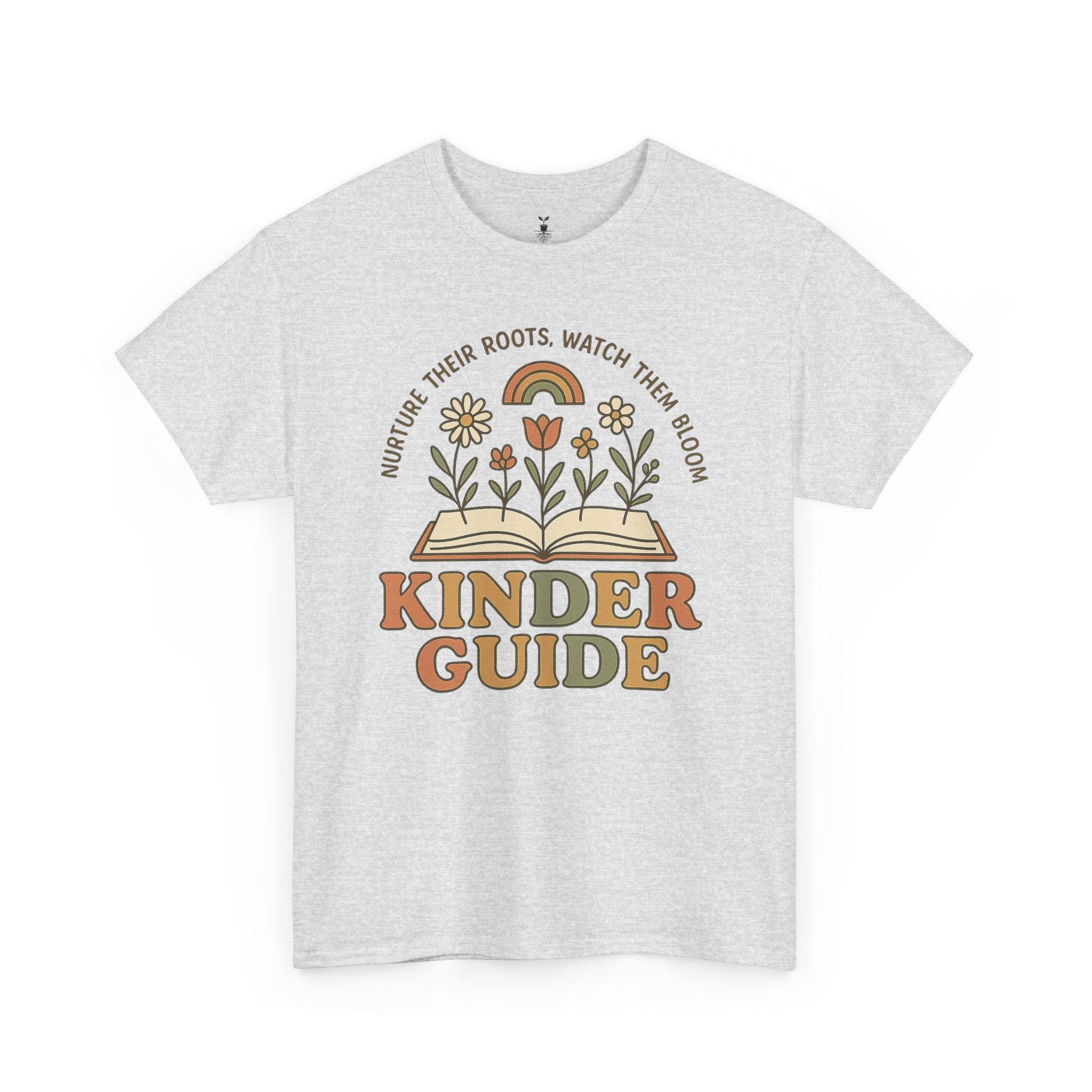 Retro Kinder Guide with Open Book, Blooming Flowers, and Rainbow Inspiration T-Shirt