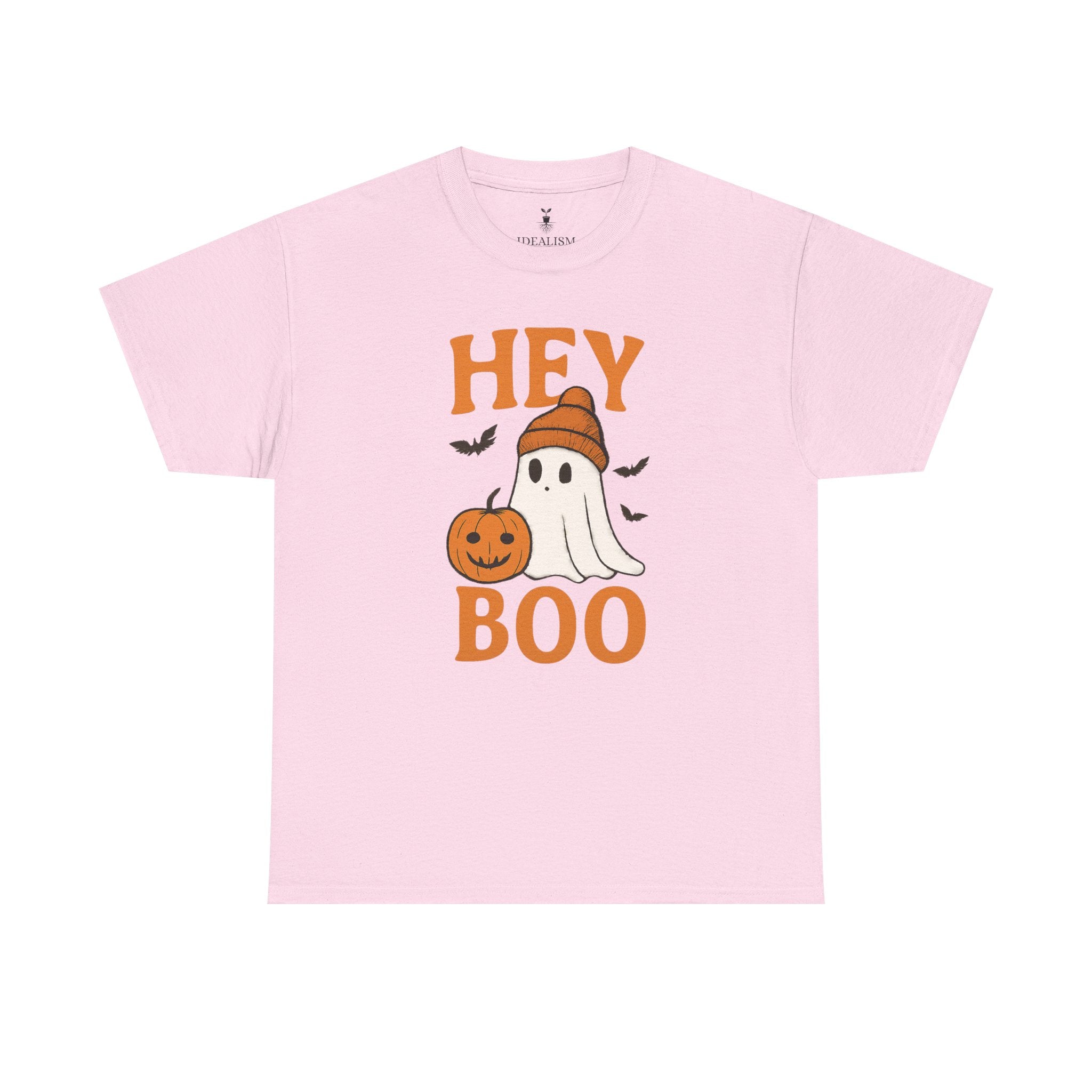 Cute Hey Boo Ghost T-Shirt – Funny Halloween Graphic Tee with Pumpkin Artwork and Spooky Season Aesthetic Design